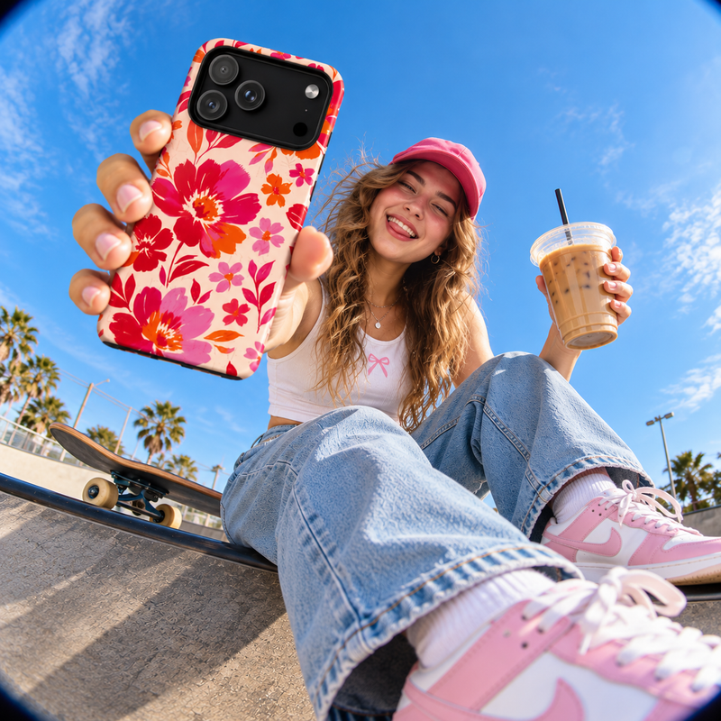 Sketering with floral phone case and cup of coffe 