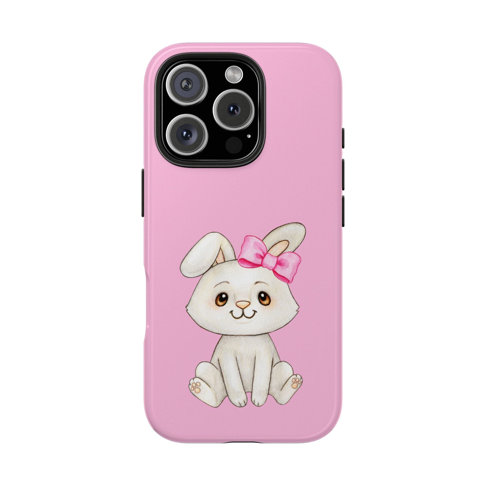 Cute Bunny Tough Phone Case — Pink Protective Phone Cover with Bow Cartoon Rabbit