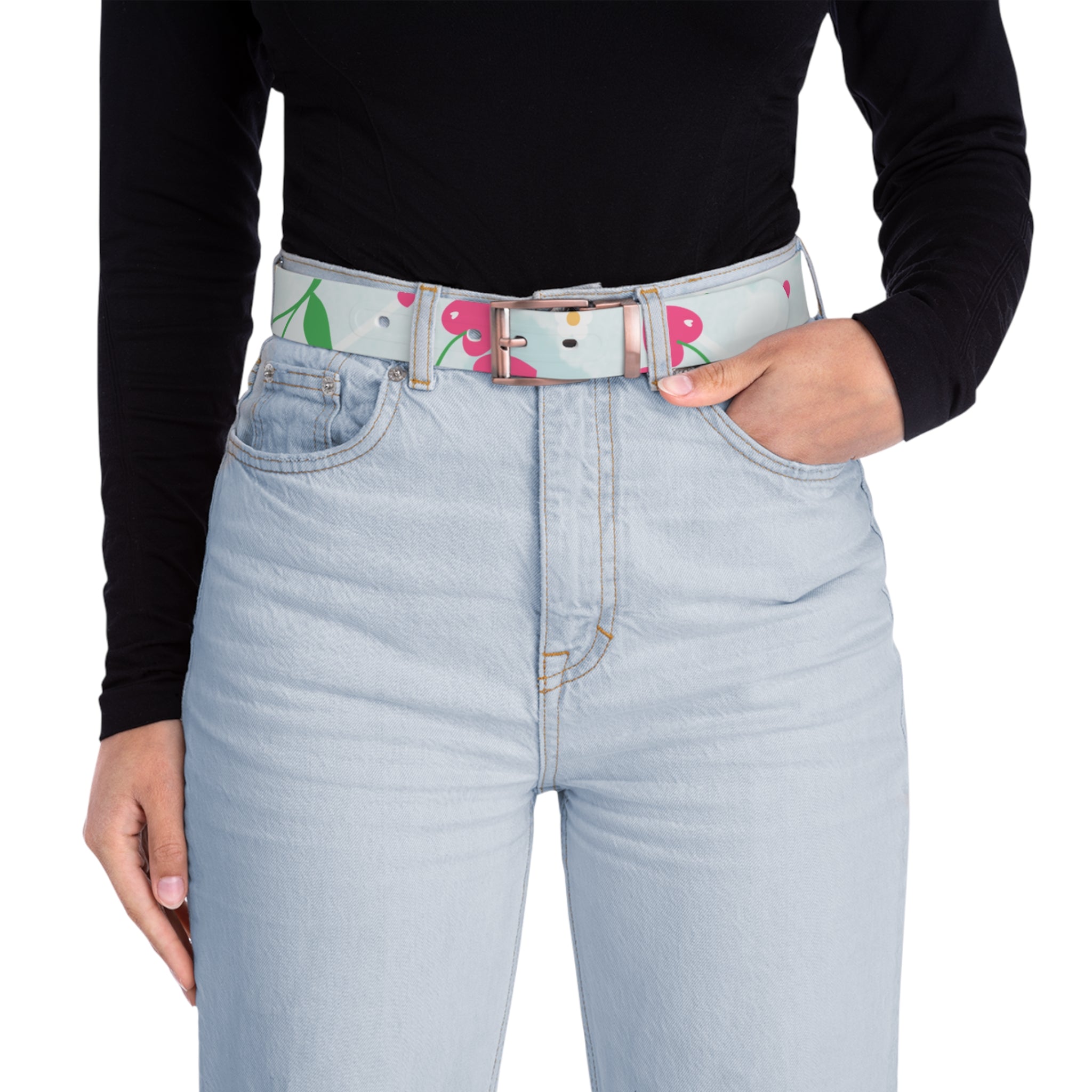 Floral Cherry Print Belt - Cute Pink Fruit Pattern Accessory