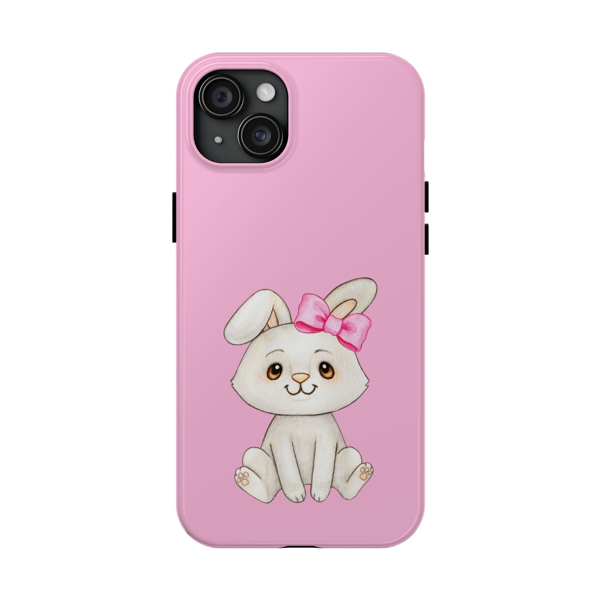 Cute Bunny Tough Phone Case — Pink Protective Phone Cover with Bow Cartoon Rabbit