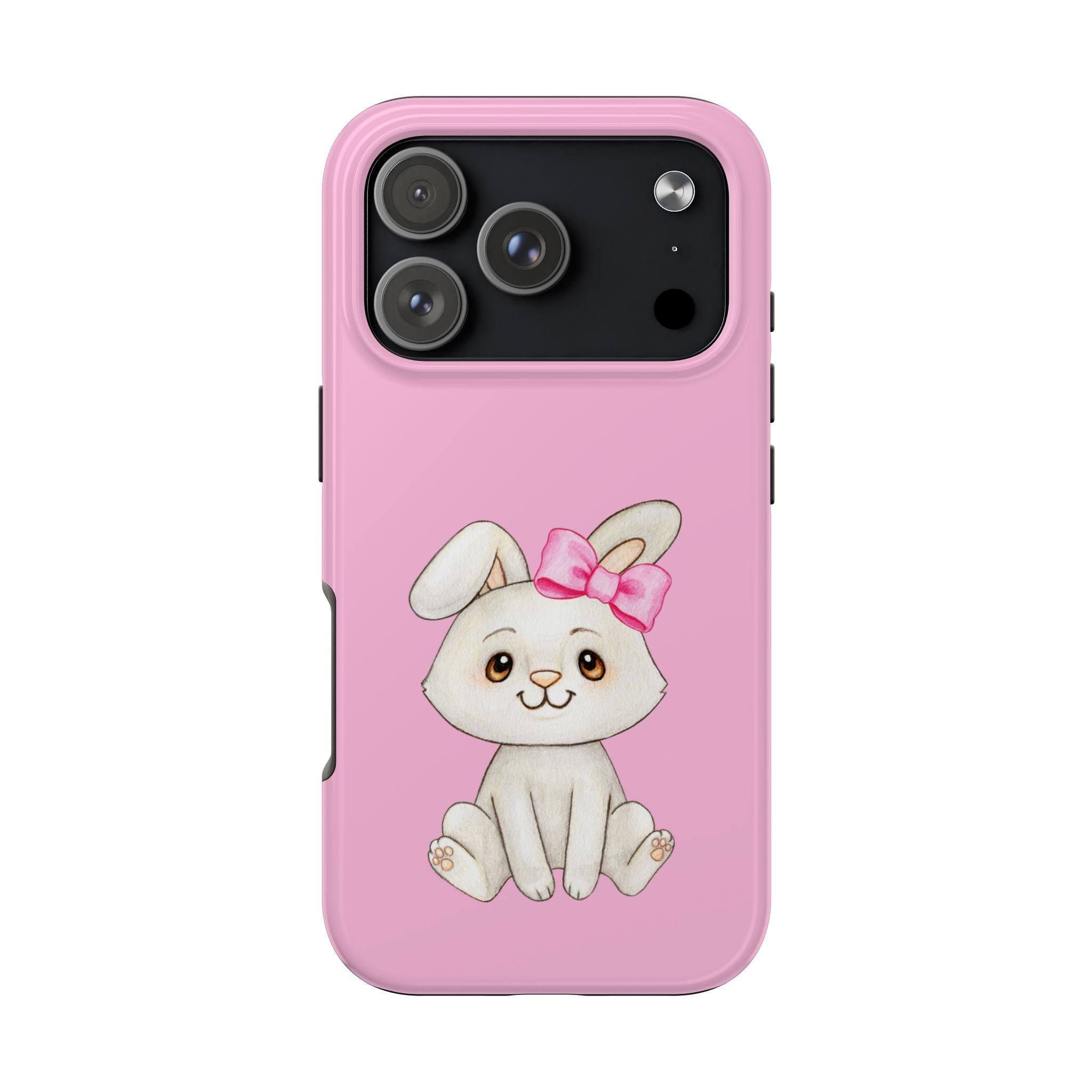 Cute Bunny Tough Phone Case — Pink Protective Phone Cover with Bow Cartoon Rabbit