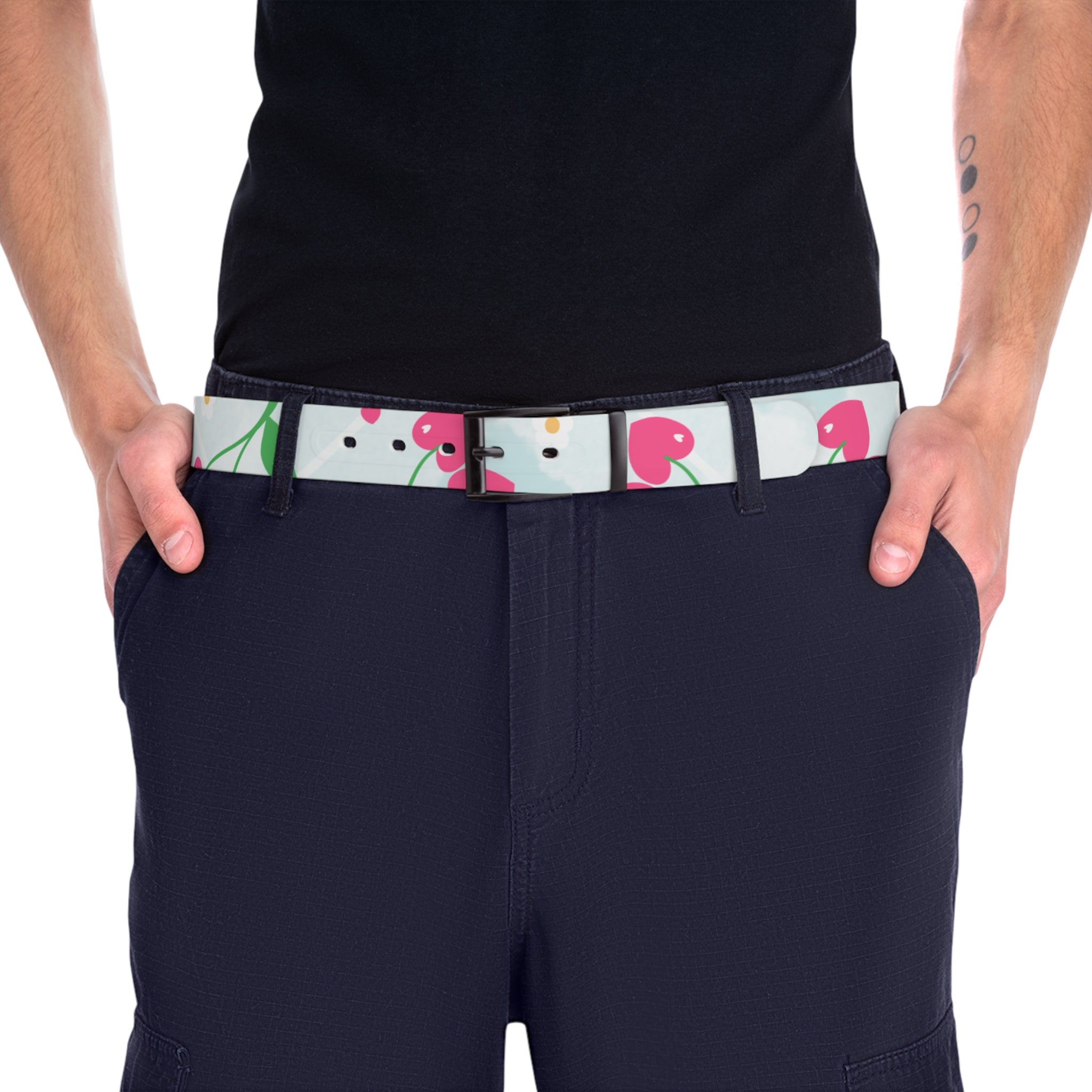 Floral Cherry Print Belt - Cute Pink Fruit Pattern Accessory
