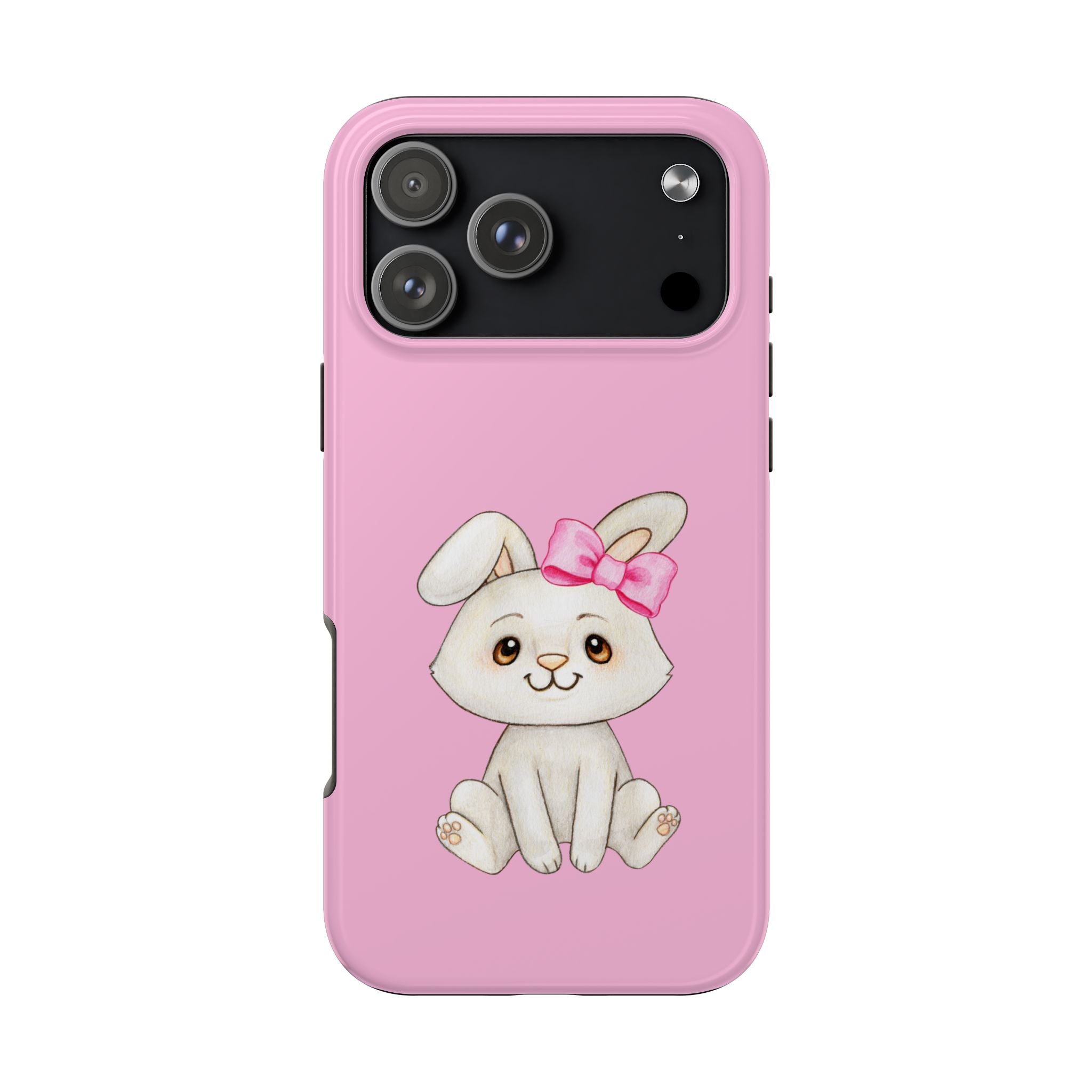 Cute Bunny Tough Phone Case — Pink Protective Phone Cover with Bow Cartoon Rabbit
