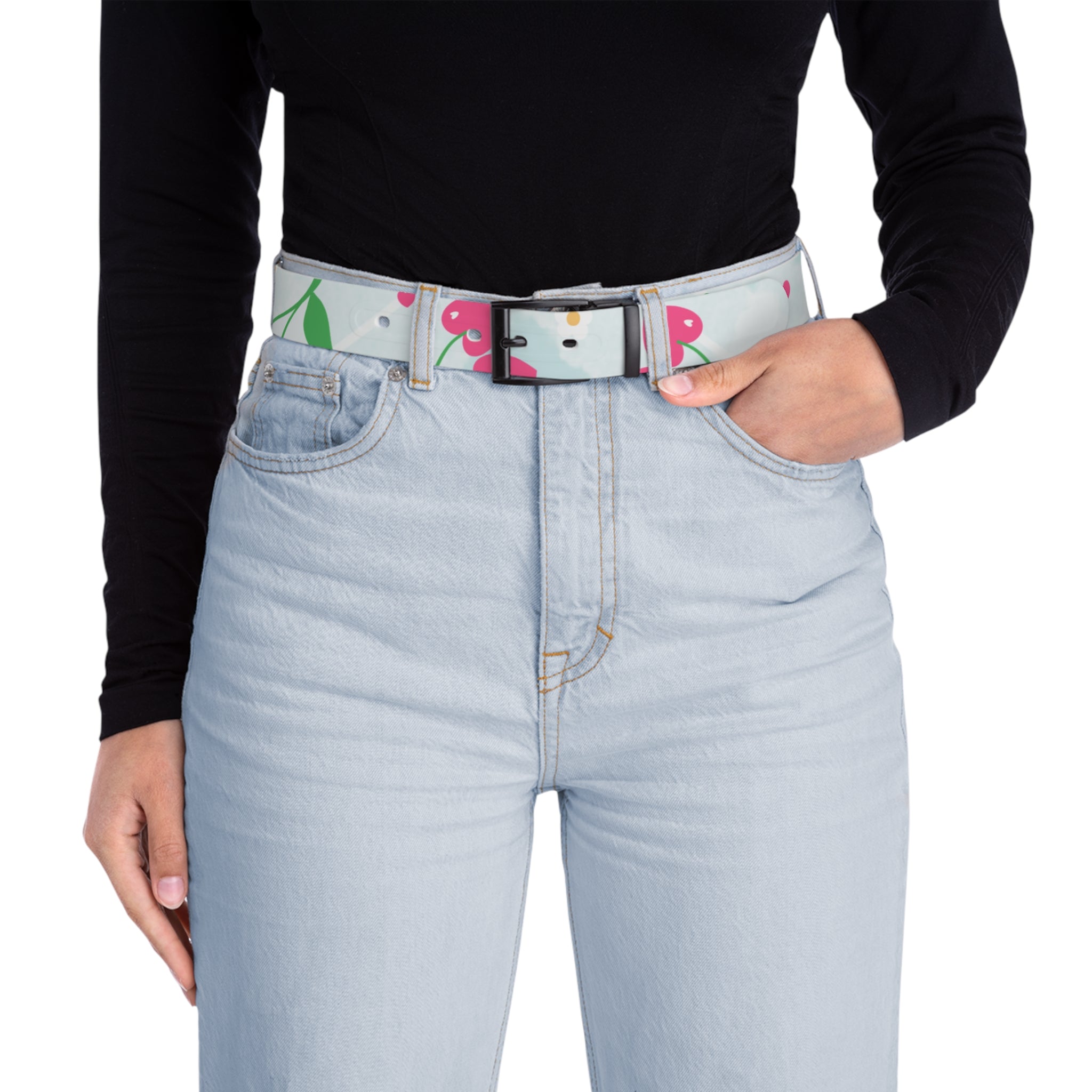 Floral Cherry Print Belt - Cute Pink Fruit Pattern Accessory