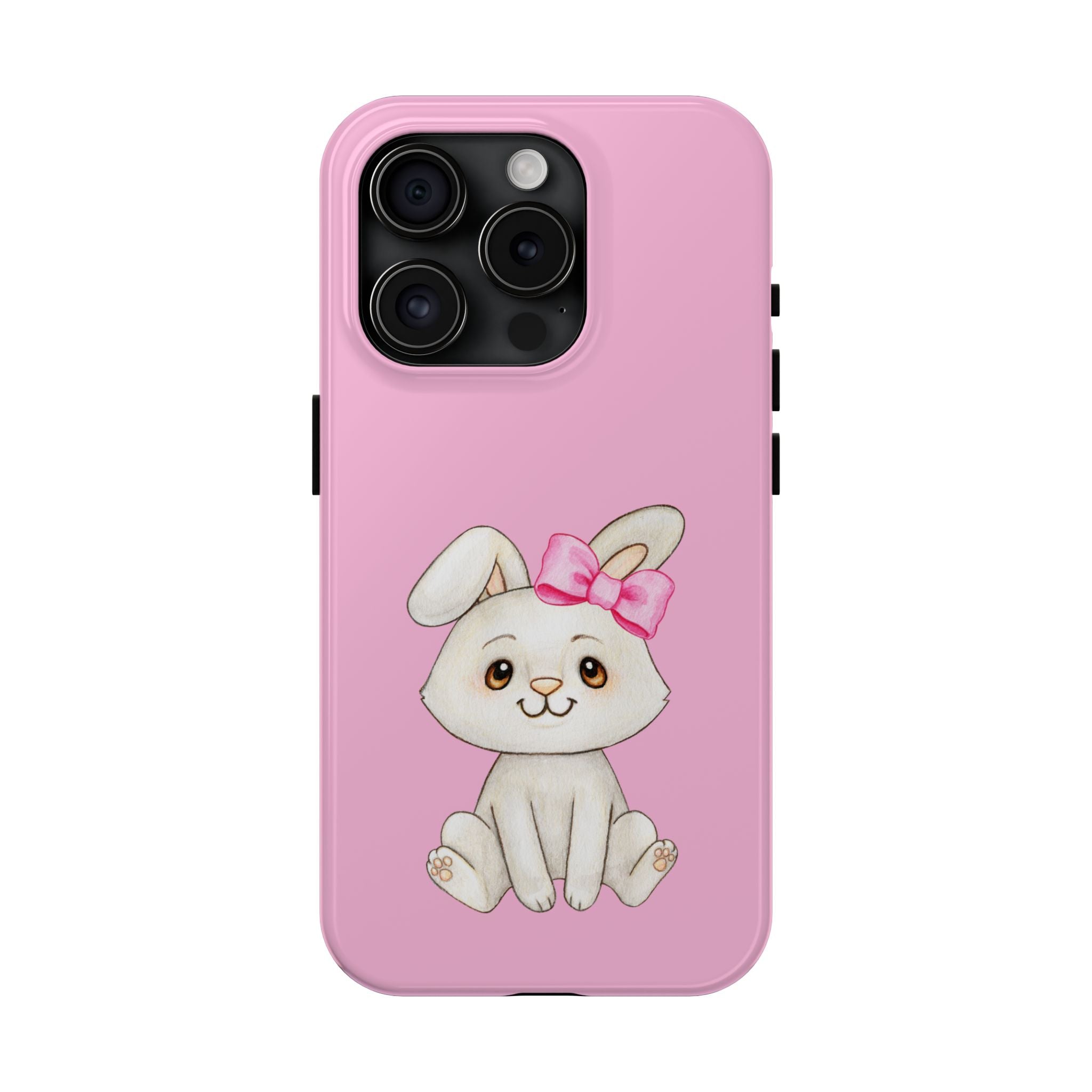 Cute Bunny Tough Phone Case — Pink Protective Phone Cover with Bow Cartoon Rabbit