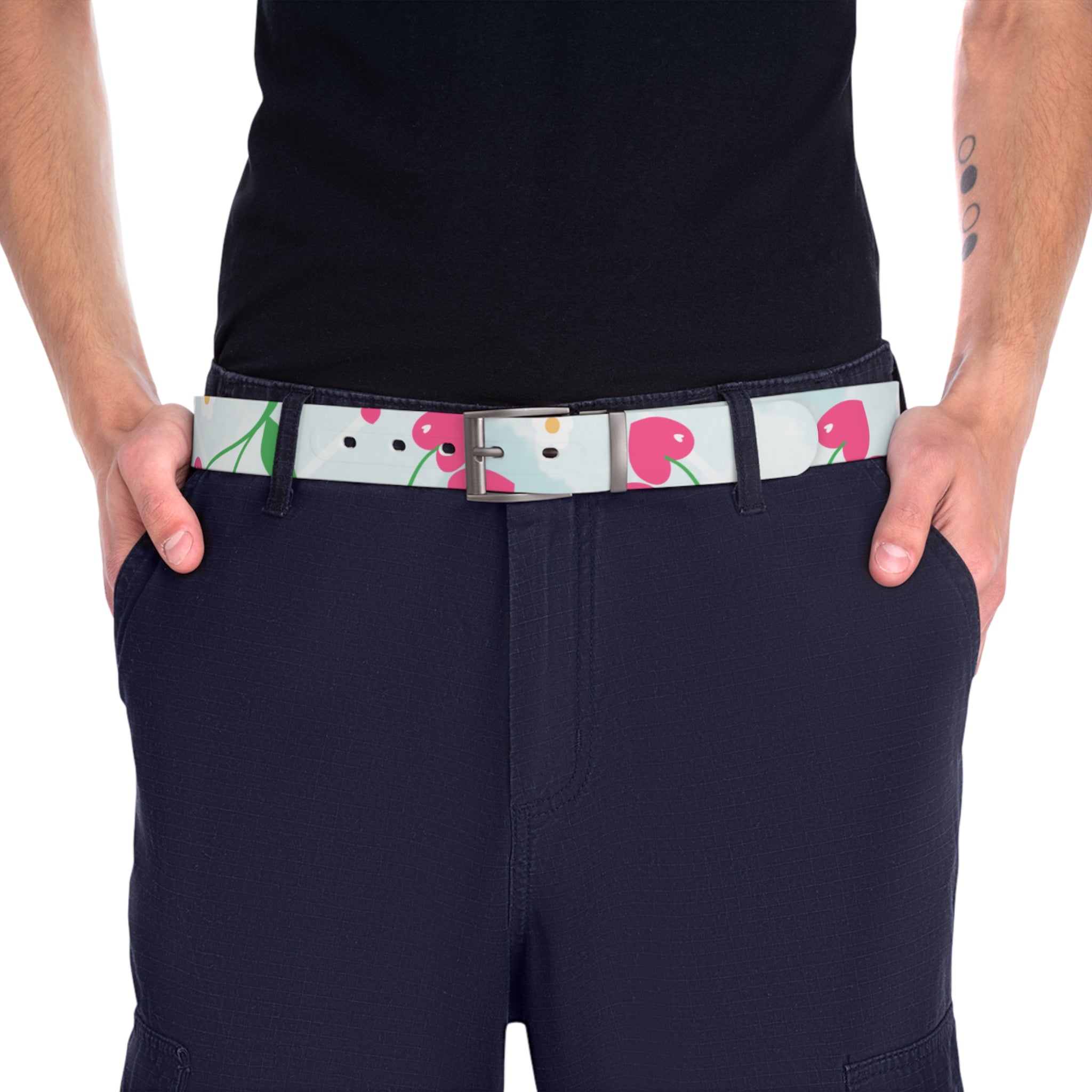 Floral Cherry Print Belt - Cute Pink Fruit Pattern Accessory
