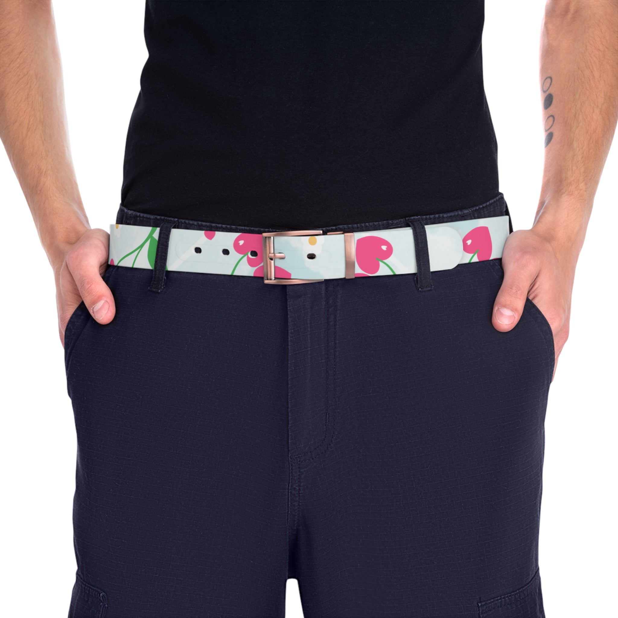Floral Cherry Print Belt - Cute Pink Fruit Pattern Accessory