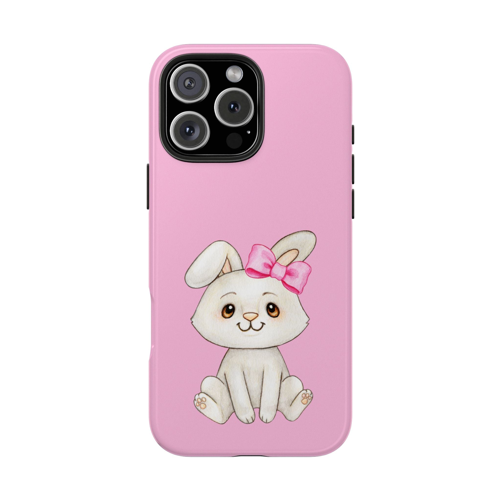 Cute Bunny Tough Phone Case — Pink Protective Phone Cover with Bow Cartoon Rabbit