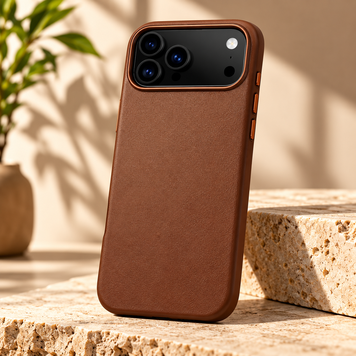 A brown leather-texture phone case with a black camera cutout, shown standing upright on a stone surface with warm sunlight and a blurred plant in the background.