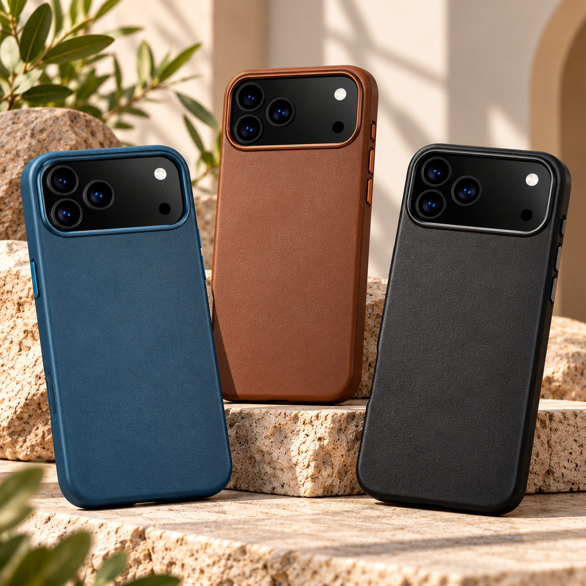 Three phone cases standing upright on stone steps outdoors: one blue, one brown, and one black. The cases have a matte finish and a large black camera cutout at the top left.