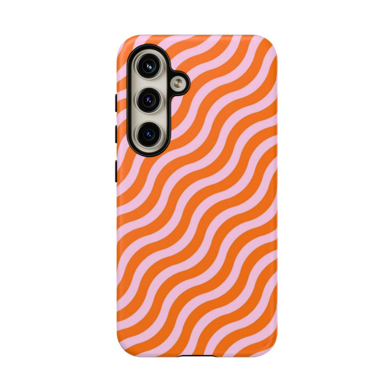 Phone case with orange and pink wavy pattern on a white background